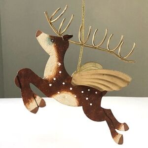 Flying Reindeer Christmas Ornament Gold Wings Whimsical Folk Art Rustic Deer
